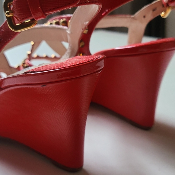 PRADA Red Patent Leather Gold Studded Strappy Wedge Sandal 36.5 - Picture 5 of 7